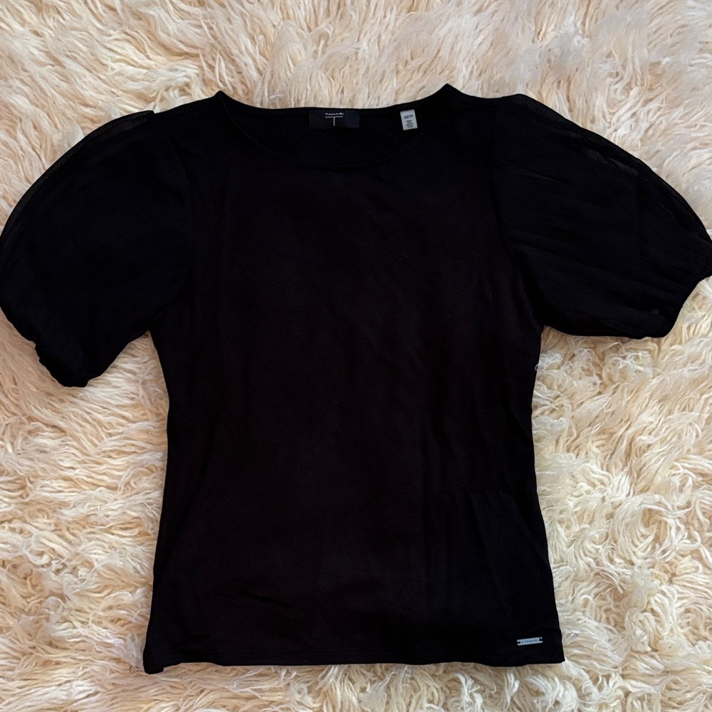 Tahari Black Puff Sleeve Sheer Detail Top Petite XS